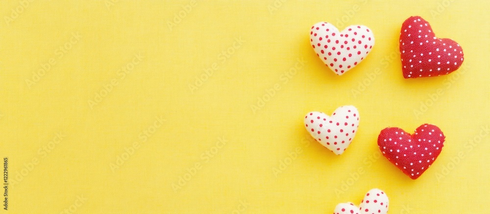 Poster Polka dot heart fabric on yellow background showcasing minimalist design with empty space for text in craft and handmade decor theme