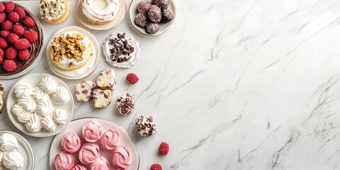 Fototapeta premium Elegant dessert table arrangement featuring assorted sweets fruits and empty space for creative text or branding.