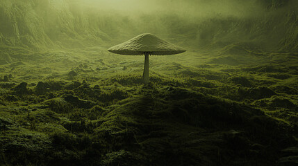Enigmatic mushroom standing alone in a misty, green landscape with ethereal atmosphere and shadows