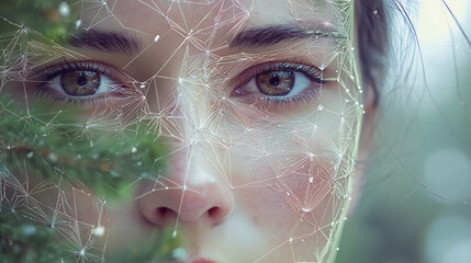 Close up of woman face with digital network overlay, representing secure digital identity and technology. eyes reflect depth and emotion, surrounded by abstract connections