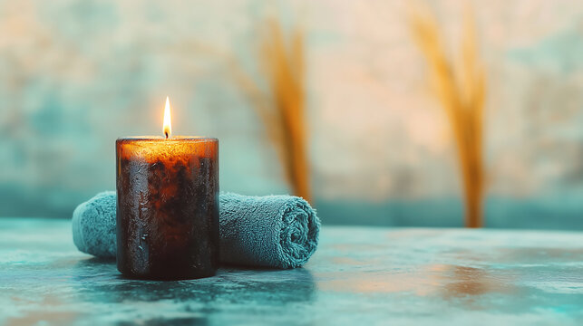 lit candle beside rolled towel creates serene atmosphere for relaxation and self care. warm glow enhances calming environment, perfect for unwinding