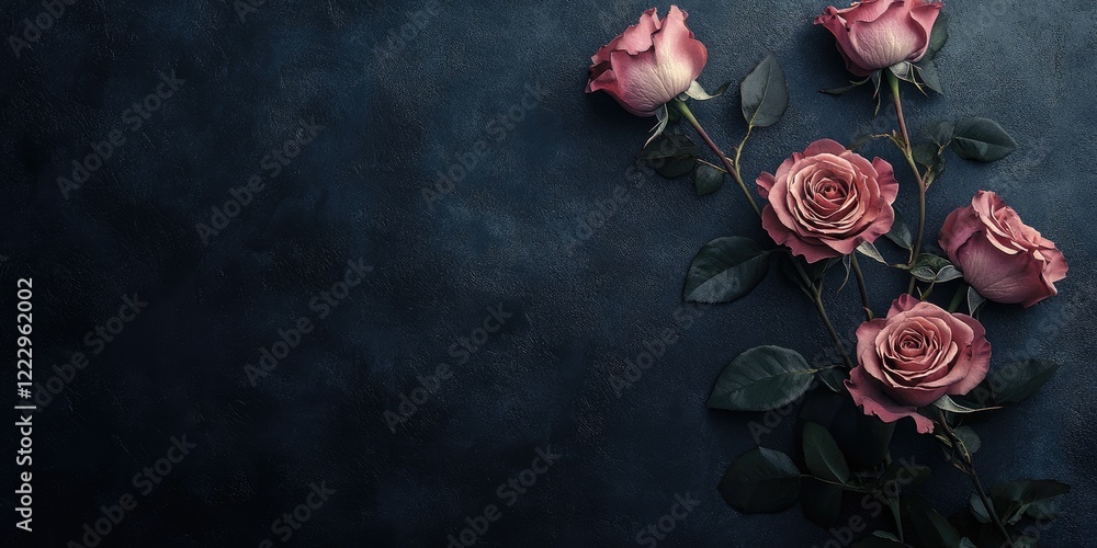 Poster Elegant overhead view of beautiful pink roses on a dark textured background with ample blank space for adding custom text or design elements