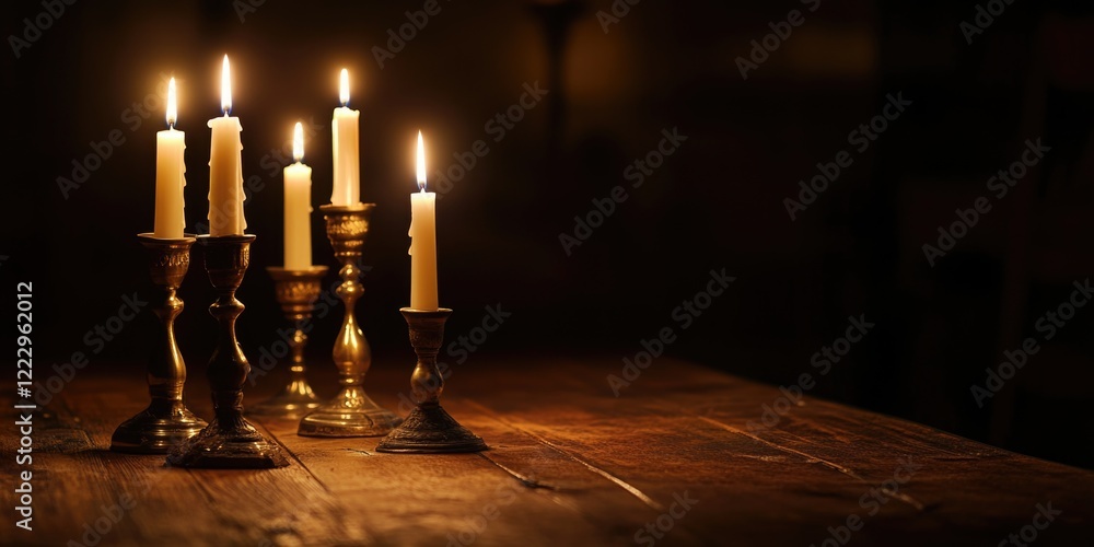 Poster Elegant table setting with decorative candles creating a warm ambiance and inviting atmosphere for a dinner party or special occasion