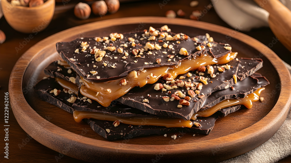 Poster a rustic view of dark chocolate bark with layers of caramel and sprinkled with crushed hazelnuts, st