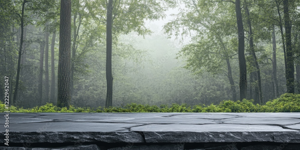 Poster Elegant dark slate texture with misty forest backdrop creating an atmospheric space for text and design elements in natural settings