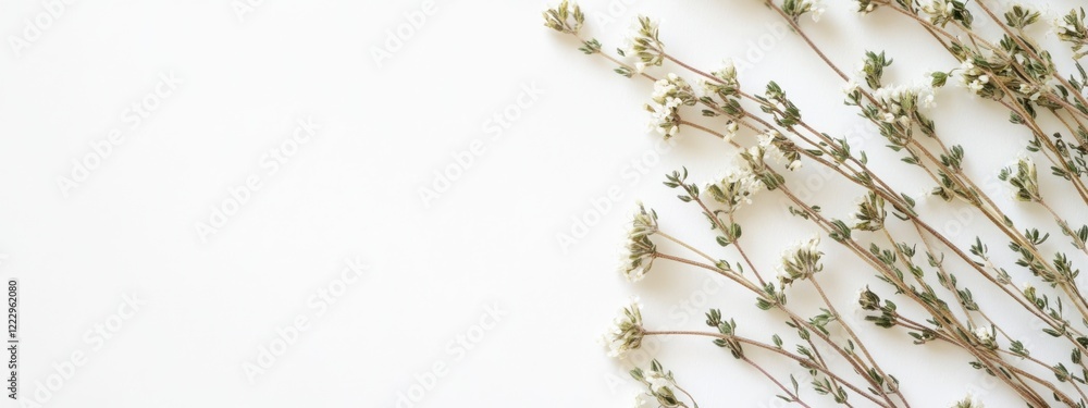 Poster dried thyme herbs with delicate stems and white blossoms on a blank background for elegant design an