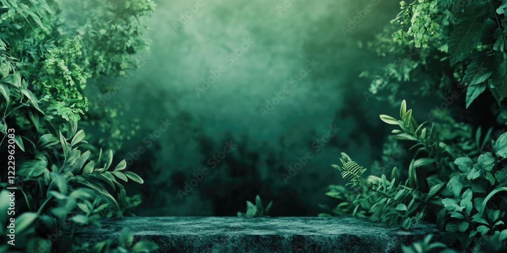 Poster Elegant deep forest green background with lush foliage for product showcase featuring ample space for text and branding elements