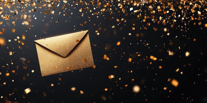 Elegant Gold Envelopes Surrounded by Confetti for Invitations Party Announcements with Blank Space for Custom Text and Logos
