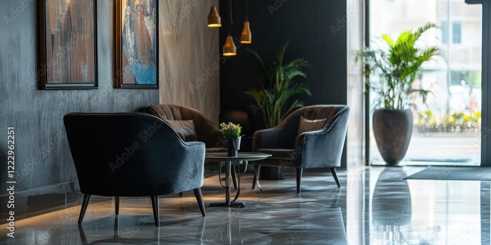 Poster Sophisticated reception area with luxurious seating and ample copy space for branding or promotional text