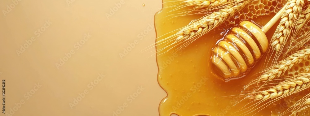 Aufkleber Golden honey drizzling over wheat and honeycomb with ample empty space for text or branding on a warm background