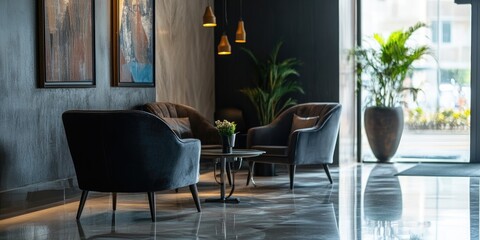 Sophisticated reception area with luxurious seating and ample copy space for branding or promotional text