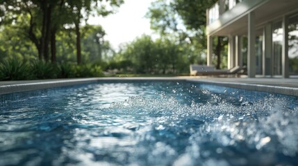 Close up of a tranquil fiberglass swimming pool with splashing water surrounded by lush greenery and a modern house with space for text
