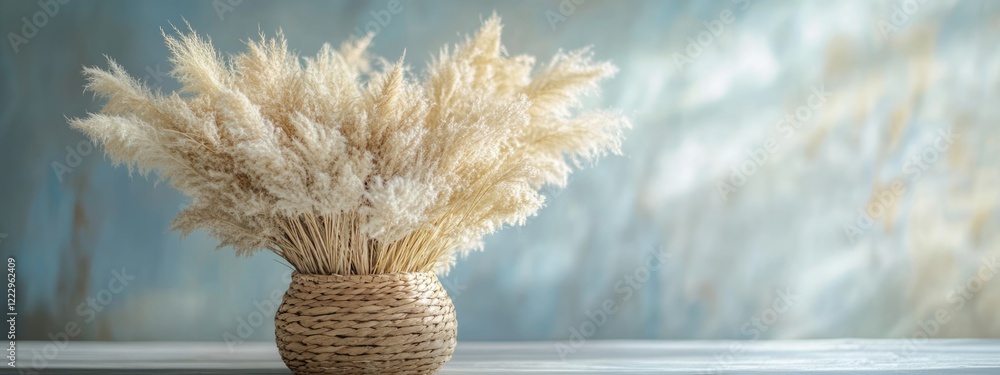 Poster dried pampas grass arrangement in woven basket with blank space for text and soft background decor