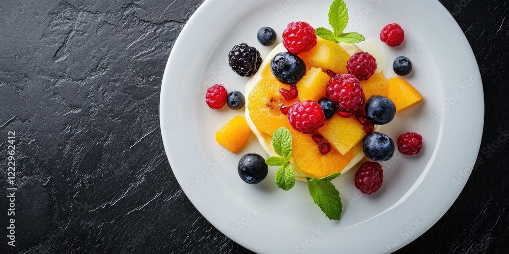 Poster elegant dessert plate adorned with fresh berries and exotic fruits on a dark background with ample s