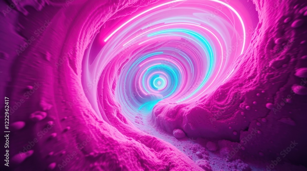 Poster vibrant neon tunnel filled with swirling colors creating a mesmerizing light effect in a surreal lan