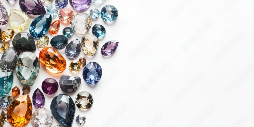 Poster vibrant assortment of colorful gemstones on white background with copy space for text or graphic ele