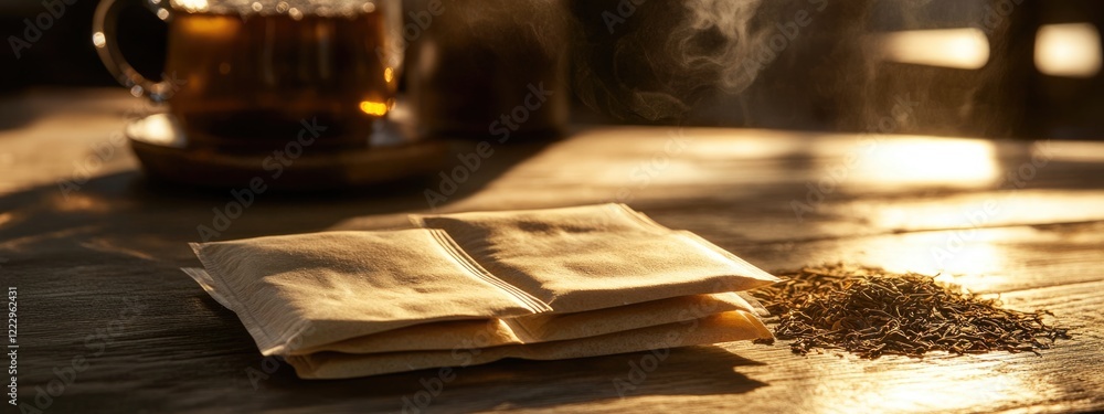 Aufkleber Dried Teabags and Loose Tea Leaves on a Rustic Table with Soft Evening Light and Copy Space for Text or Branding