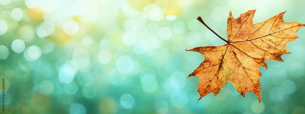 Fototapete Dried autumn leaf on a blurred green bokeh background with ample space for text and graphic design elements