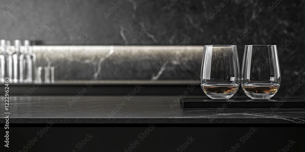 Aufkleber Elegant Glassware on Modern Bar Counter with Whiskey and Empty Copy Space for Text Use