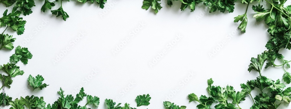 Poster dried parsley leaves arranged on a white background creating a natural frame with space for text or 