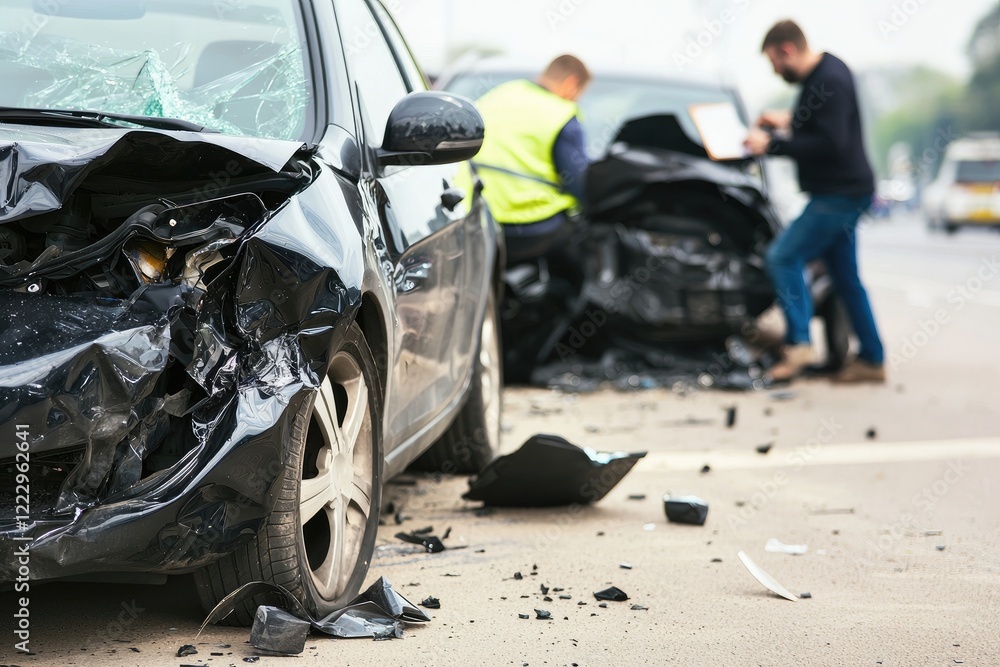 Poster auto insurance claims process visualized with a person documenting an accident scene with a notepad,