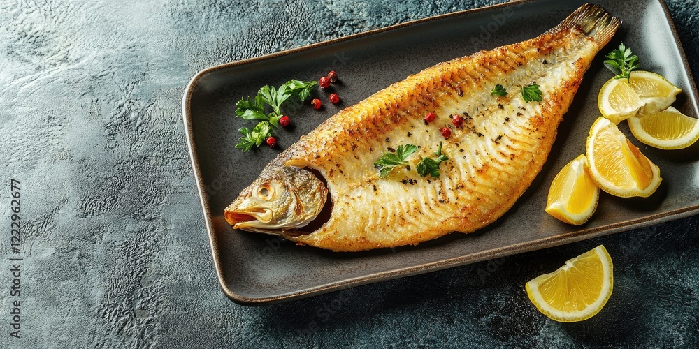 Poster Elegant flounder dish on a black plate garnished with herbs and lemon slices on a textured background with space for text