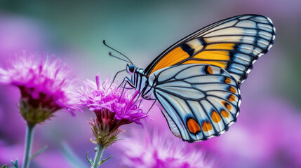 Obraz premium Close-up of a vibrant butterfly with intricate wing patterns feeding on a bright pink flower in a lush meadow