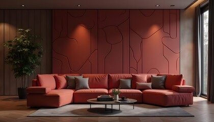 Interior view of a modern living room with red sofa, abstract red wall and pot plant, minimal design