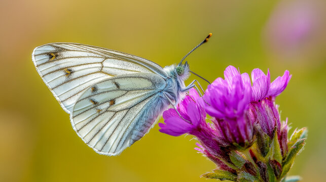 Detailed close-up of a delicate butterfly feeding on a vibrant purple flower against a soft golden background
