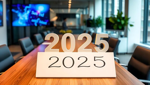 The year 2025 displayed on a long wooden conference table in a modern office space - Powered by Adobe