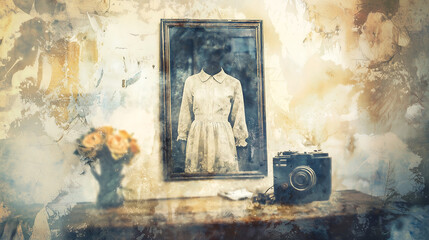 vintage dress displayed in mirror, with camera and flowers nearby, evokes nostalgia and timeless elegance. soft colors and textures create dreamy atmosphere
