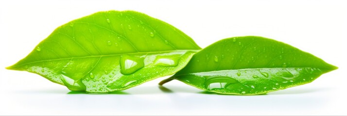 Isolated Citrus Lemon Leaf with Green Background and Water Drops on a White Background