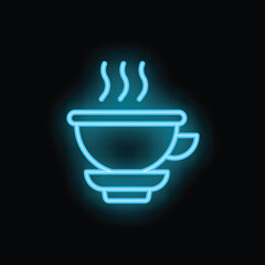 Blue neon sign depicting a steaming hot cup of coffee or tea on a saucer on a black background