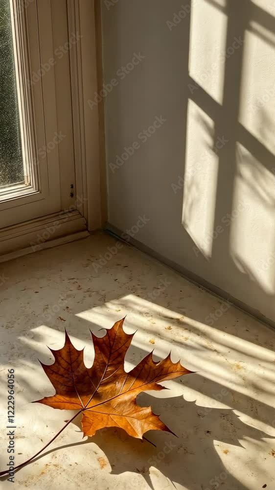 Poster autumn leaf resting on a sunlit windowsill with shadows creating a beautiful pattern