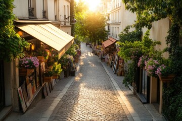 Charming street bathed in golden sunlight, lined with vibrant fl