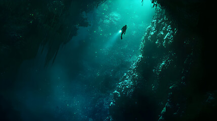Fototapeta premium Exploring the depths of an underwater cave with beams of light illuminating the mysterious surroundings