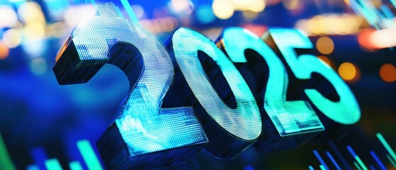 2025, futuristic design and digital elements representing advancements in technology and finance, with data analytics and market predictions for growth and innovation.