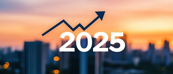 2025, growth projection with upward trend arrow indicating financial success and positive economic outlook over city skyline at sunset for investment strategies.