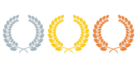 Laurel wreath award set. Gold, silver and bronze laurel frames. First, second, third place prize concept. Vector illustration.