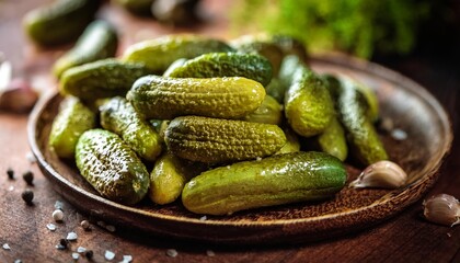 Plate of pickles sits on a wooden table