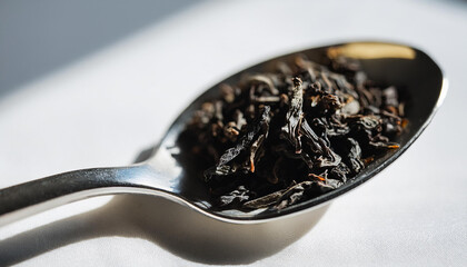 Dried organic black tea leaves on metal spoon. Natural product.