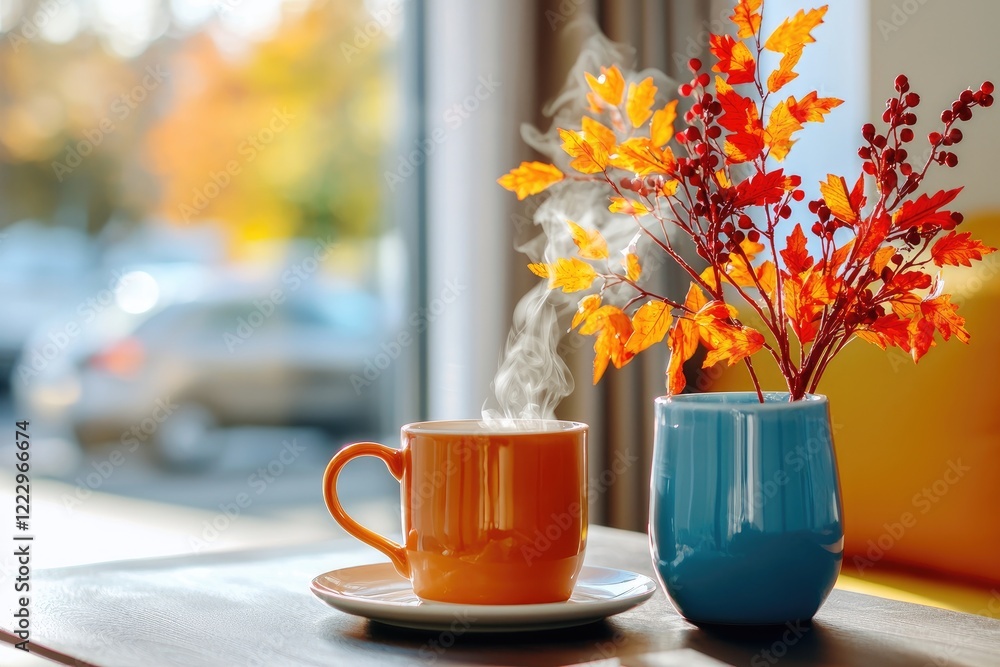 Poster relationships: a warm coffee table setting with two steaming mugs, showcasing intimacy and connectio