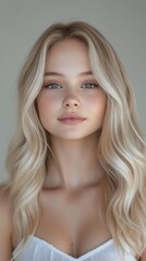 Naklejka premium Stunning beauty portrait featuring soft platinum blonde wavy hair, natural makeup, and piercing blue eyes against neutral background, showcasing flawless skin and gentle expression