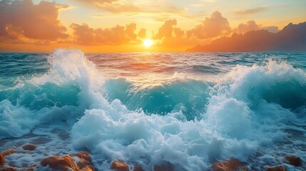 A background of ocean waves crashing onto a rocky shoreline.