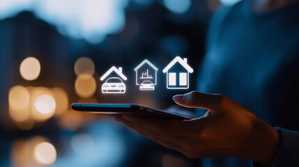 person holding smartphone with glowing icons representing homes and cars, symbolizing modern technology and real estate. ,Insurance
