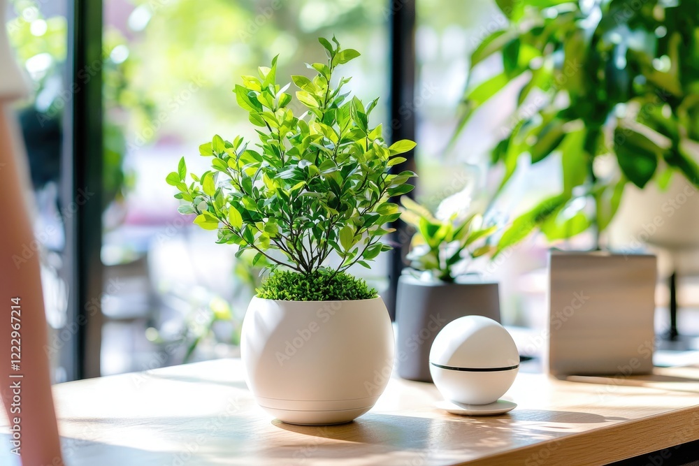Poster conceptual image of smart home devices enhancing daily life efficiency, minimalistic layout with neu