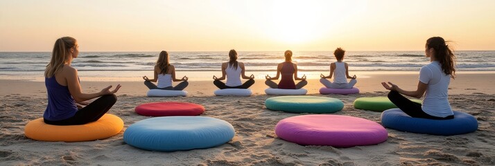 Sunrise Yoga Session, Group Meditation On Colorful Mats, Peaceful Beach Wellness Retreat,
