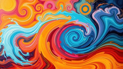 Vibrant swirls of color depict a dynamic ocean scene infused with energy and movement