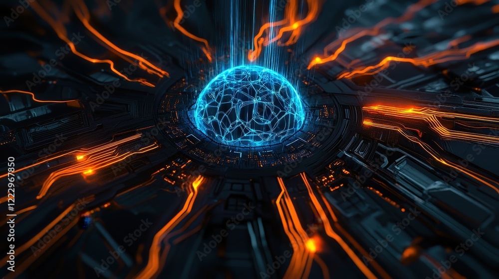 Poster abstract digital art featuring a glowing blue sphere surrounded by dynamic orange lines, representin