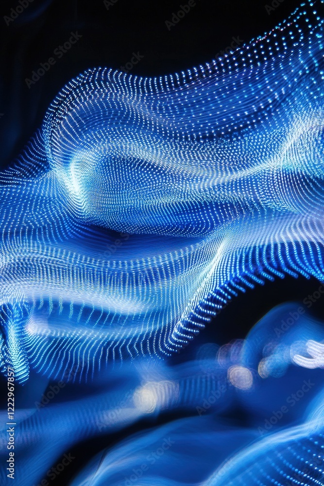 Poster abstract blue light waves and luminous particles creating a digital background, illustrating technol